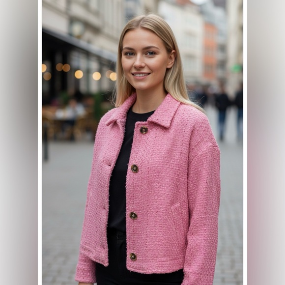 Zara bubblegum pink tweed cropped blazer jacket size Large - Picture 1 of 9
